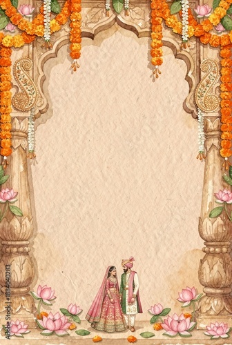 Indian Wedding Frame Bride and Groom Illustration Mughal Arch