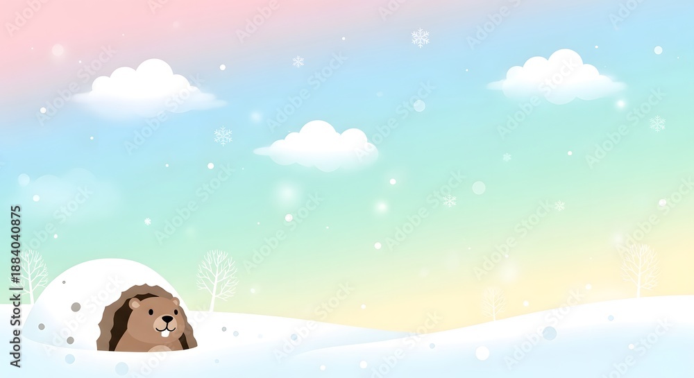 Obraz premium A cute brown bear peeking out from behind a snowbank on a colorful winter day with clouds and snowflakes