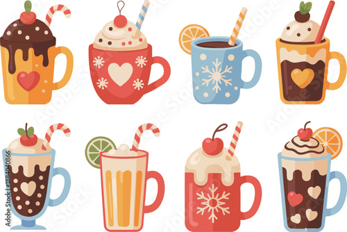 Festive Winter Drinks Vector Set Hot Chocolate, Coffee & Seasonal Beverages