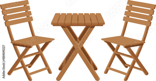 Wooden Folding Bistro Furniture Vector Set  Patio Table & Chairs