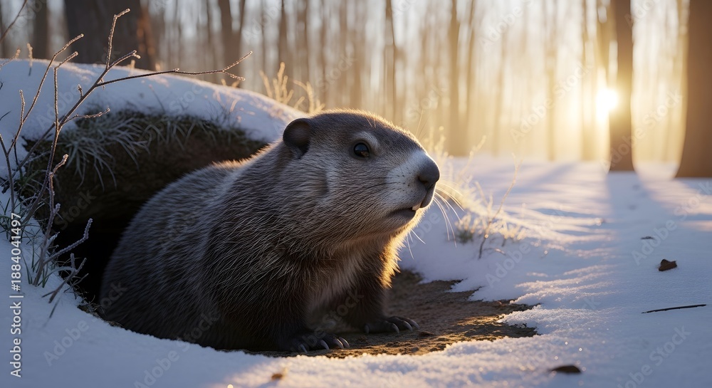 Obraz premium Groundhog emerging from burrow in snowy winter landscape at sunrise