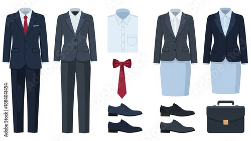 Collection of professional business attire for men and women.