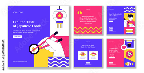 Japanese Sushi Foods Flat Cartoon Hand Drawn Style for Social Media Post Background Illustration