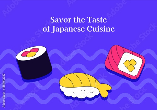 Background Illustration of Japanese Sushi Foods in Flat Cartoon Hand Drawn Style