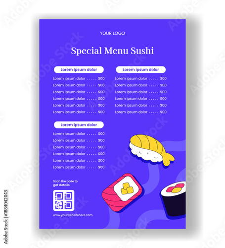 Japanese Sushi Foods Flat Cartoon Hand Drawn Illustration for Ticket Design Background