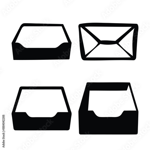 Collection of black and white inbox and mail envelope icons for digital interface design