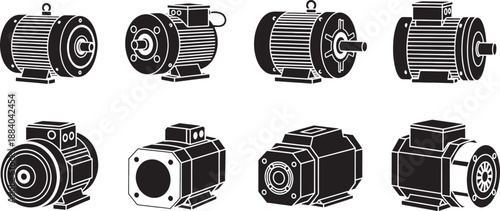 Collection of eight black and white sketched electric motor engine industrial