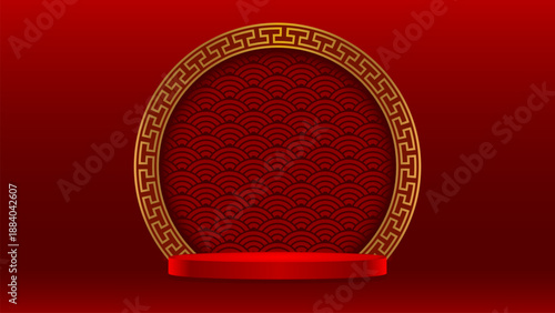 Chinese Red Podium Product Platform Presentation Empty Blank Interior Studio Background Mockup Template Vector Illustration