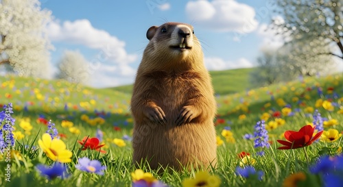 Charming groundhog standing upright in a vibrant spring meadow filled with colorful wildflowers under a bright blue sky
