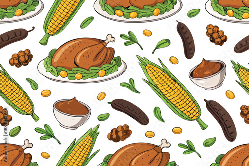 Roast Turkey Sides Pattern Festive Dinner Vec