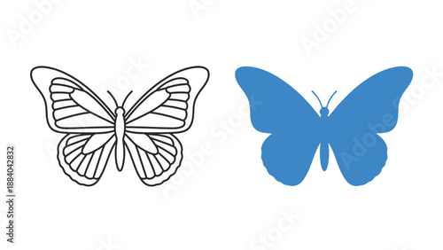 Comparing simple black and white butterfly outline drawing next to a solid blue stylized silhouette icon representing insect transformation or nature design element