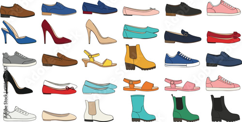 Large Collection of Various Footwear Icons Including Sneakers High Heels Boots Sandals and Loafers for Fashion Retail Shopping and Apparel Lifestyle Graphic Design Projects