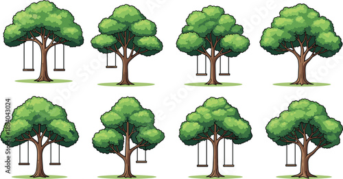 Set of green summer tree illustrations with wooden swings hanging from branches isolated on white background for garden landscape design park and outdoor play