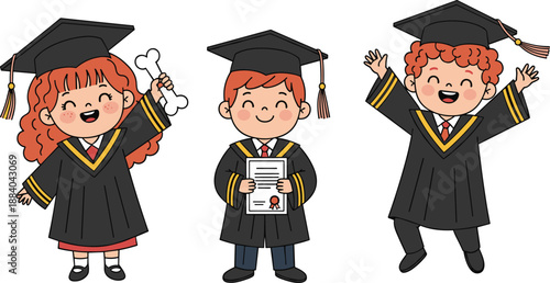 Happy diverse cartoon children celebrating graduation ceremony wearing academic gowns and mortarboards holding diplomas and jumping with joy isolated on white background for education