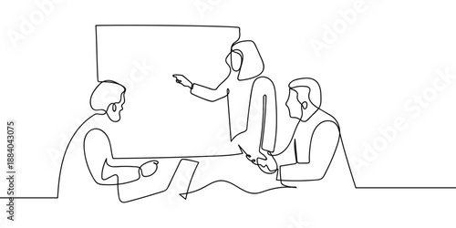 Continuous artistic lines for a business illustration concept planning meeting. One line drawing. Editable stroke.