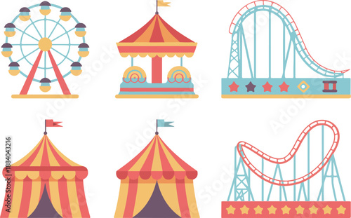 Amusement Park Vector Icon Set  Ferris Wheel, Carousel & Roller Coaster