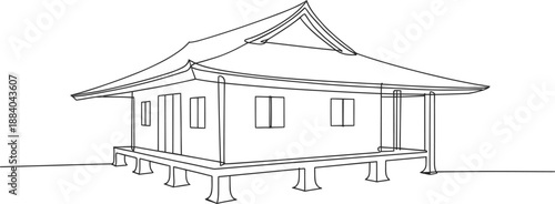 Continuous one line drawing of traditional Asian style house with curved roof, minimalist architectural vector illustration