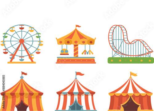 Amusement Park Vector Icon Set  Ferris Wheel, Carousel & Roller Coaster
