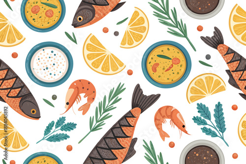 Seafood Festive Dinner Seamless Pattern Festive