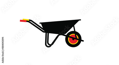 A simple black and orange illustration of a wheelbarrow with a red accent