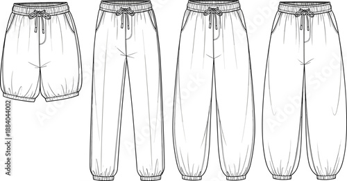 Jogger pants and shorts fashion sketch set, casual drawstring trousers apparel technical illustration isolated on white background vector design collection