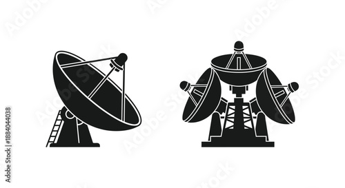Two black silhouette icons of radio telescopes a crucial part of space exploration