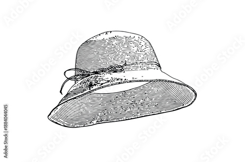 A line drawing of a wide-brimmed hat with a bow detail on the side. The hat's texture appears woven, conveying a classic and elegant style.