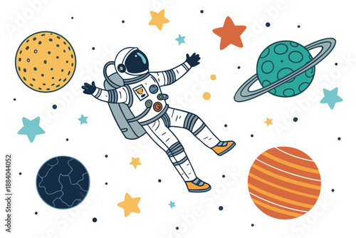 Space Explorer Floating Among Planets