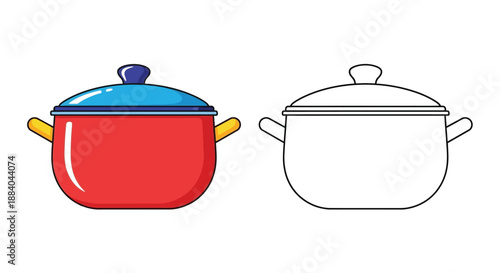 Colorful red pot with blue lid and its black and white outline version