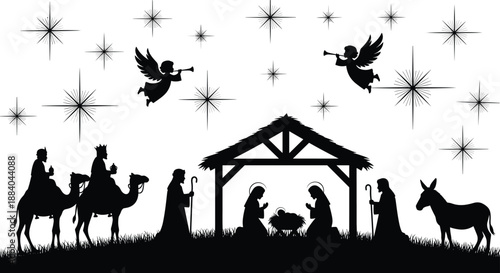 Nativity scene silhouette illustration, birth of Jesus with Mary Joseph angels wise men stars, Christmas religious vector art design isolated