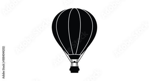 A simple black and white illustration of a hot air balloon in flight