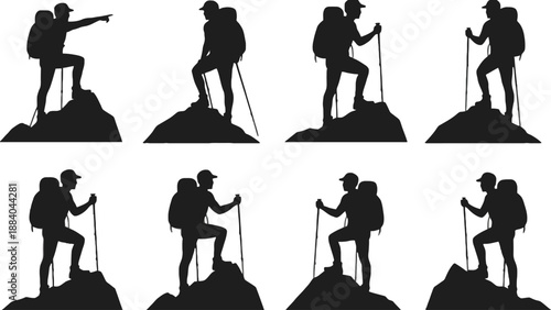 A hiker climbing a mountain with a backpack and trekking poles in various poses