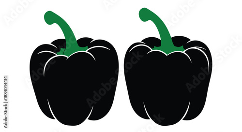 Two dark bell peppers with green stems are presented side by side