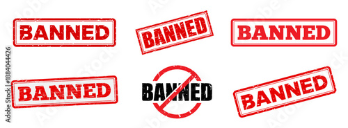 Banned rubber stamp collection. Alert, grunge, warning, illegal, restricted, ban, and denied design set. Vector illustration with transparent background