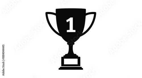 A simple black and white illustration of a trophy with the number one
