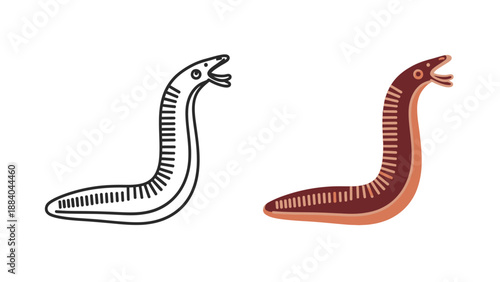 Simple stylized illustration depicting a lamprey eel in both outline drawing and colored flat design style