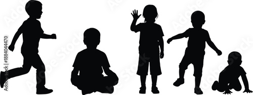 Silhouette, children, play, jump, run, sit, crawl, wave, posture, gesture, icon, black, white, activity, fun, movement, pose, figure, expressive, dynamic, behavior