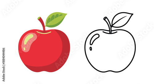 A colorful red apple and its black and white line drawing counterpart