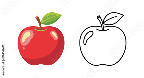A vibrant red apple is shown alongside its black and white outline version