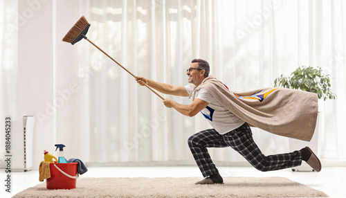 Senior man cleaning the floor with a broom in the living room at home