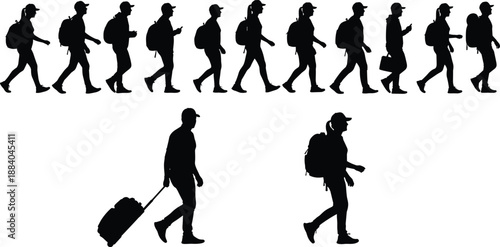 Black Silhouette Travelers Set with Backpacks and Suitcases Walking Group of People Commuting Hiking or Traveling Abroad for Tourism and Summer Vacation Vector Illustration