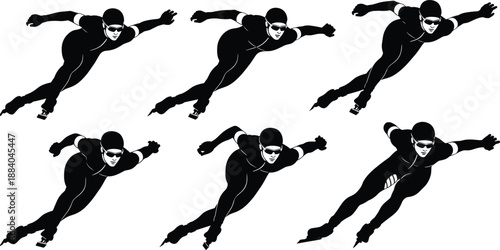 Black and White Speed Skating Silhouette Vector Set Featuring Male Athletes in Racing Poses Isolated on White Background for Winter Sports and Competition Design