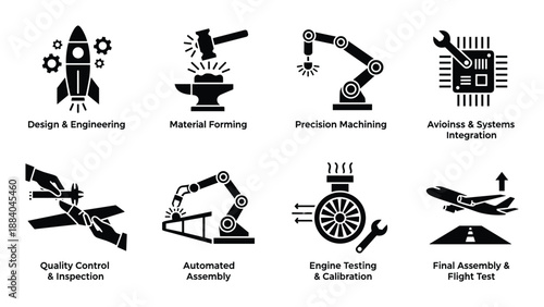 Aerospace manufacturing processes icons showcasing assembly, engine testing and quality control in aircraft production