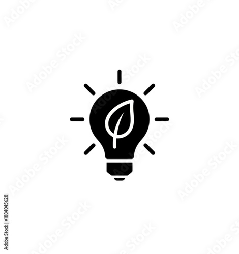 A minimalist black silhouette vector image of a glowing lightbulb containing a central leaf, symbolizing eco-friendly innovation, sustainable energy ideas, and environmental consciousness