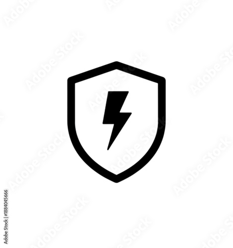 A minimalist black silhouette vector image of a lightning bolt centered within a shield icon, representing electrical surge protection and energy safety management