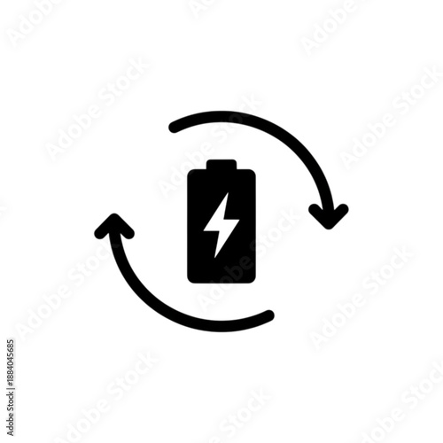 A minimalist black silhouette vector image of a battery with a lightning bolt surrounded by circular arrows, representing rechargeable energy cycles and sustainable power management