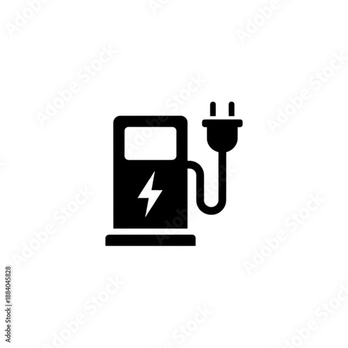 A minimalist black silhouette vector image of an electric vehicle charging station with a lightning bolt and power plug, symbolizing modern sustainable infrastructure