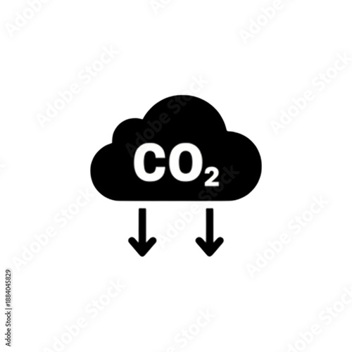 A minimalist black and white vector image of a CO2 cloud with downward-pointing arrows, symbolizing the reduction of carbon dioxide emissions and environmental sustainability efforts