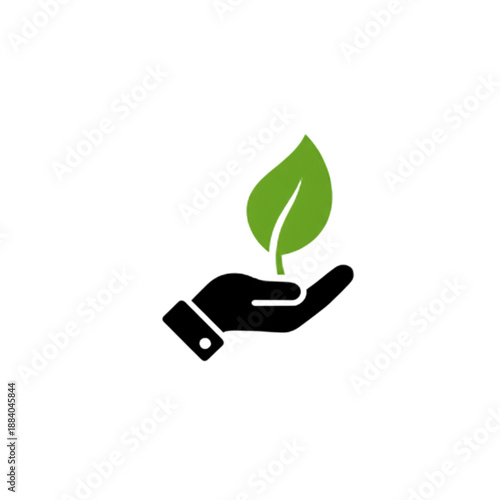 A minimalist black and green vector image of a human hand holding a single leaf, symbolizing environmental protection, sustainable growth, and ecological care