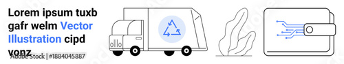 Sustainable delivery, environmental awareness, e-wallet technology, logistics, digital transactions, recycling. Delivery truck with recycling symbol, abstract plant, digital wallet icon